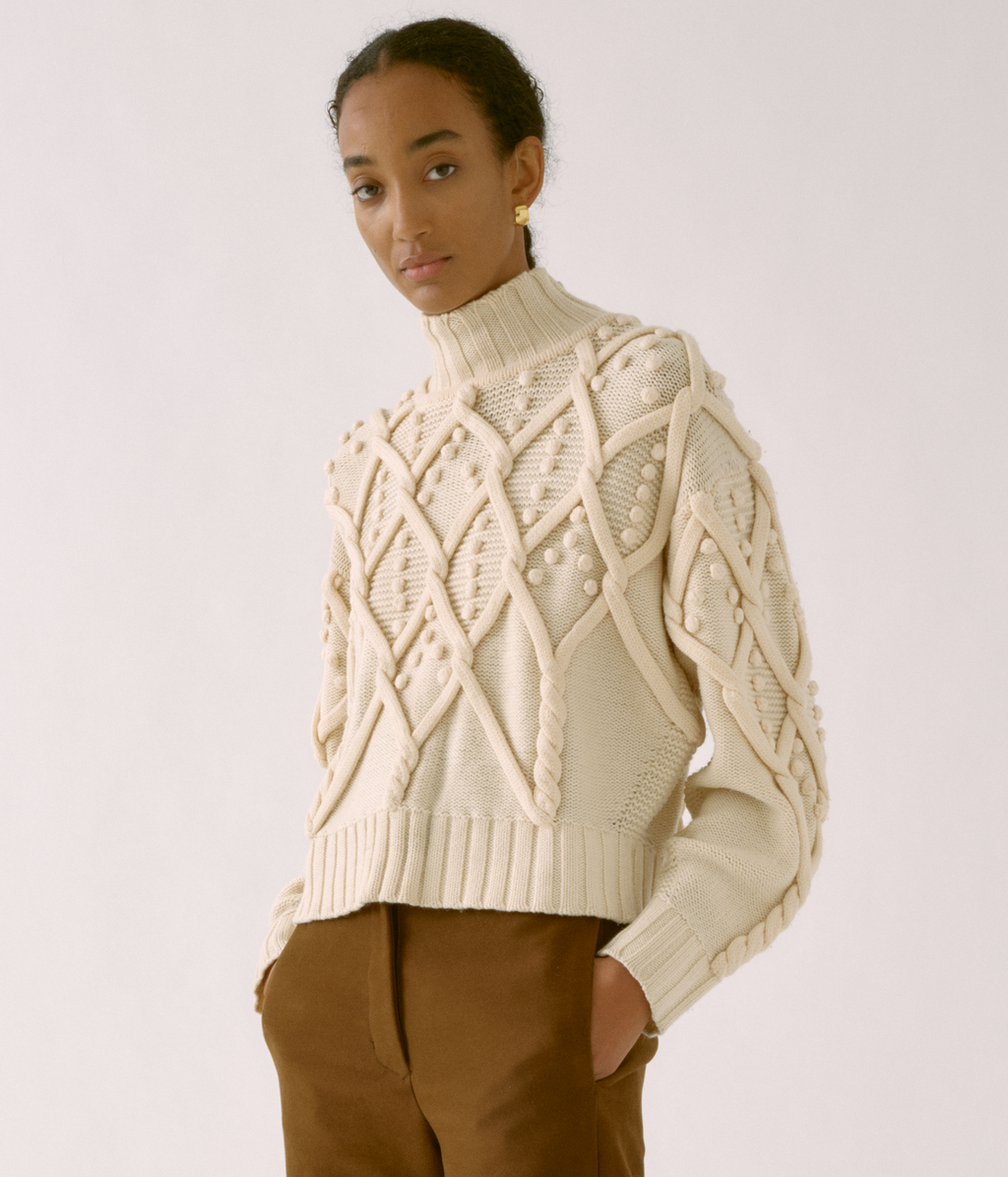 POM-POM CABLE SWEATER IN IVORY