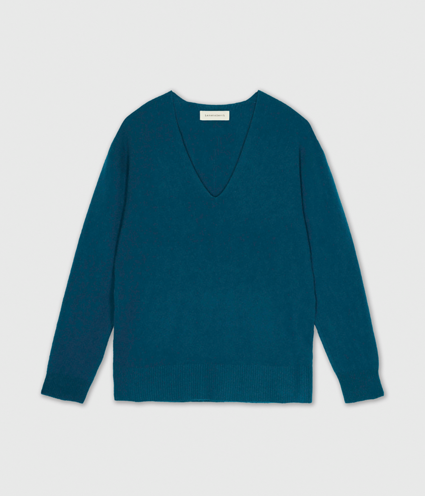 Cashmere V Neck Sweater in Peacock Blue SAYAKA DAVIS NEW YORK